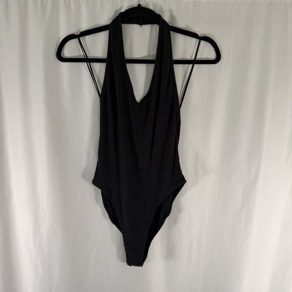 Out From Under Bodysuit Women's Large Black Ribbed Halter Neck Open Back
